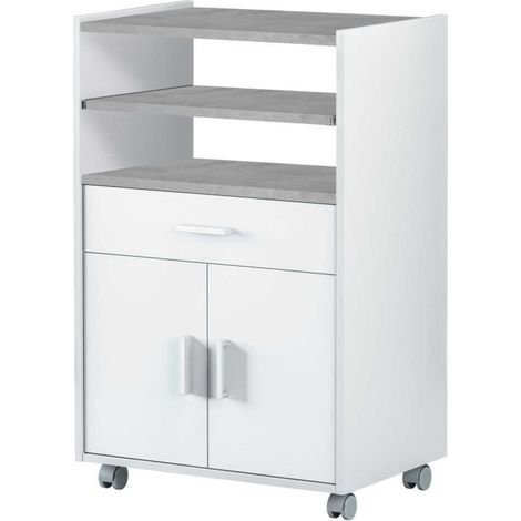 Idroweb – Desserte de cuisine blanche et ciment avec tiroir et 2 portes – Dimensions 92x59x40 cm – Meuble micro-ondes sur roulettes (1/10)