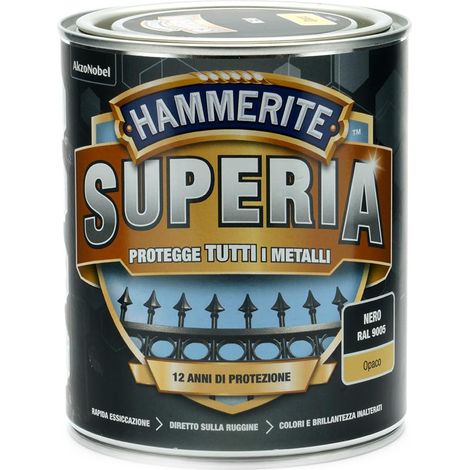 Hammerite Superia smalto metallo antiruggine interno e esterno, Opaco Nero, 750 ml (1/2)