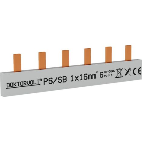 Barra di distribuzione monofase a 6 moduli con connettore a 16 mm² per quadro elettrico.