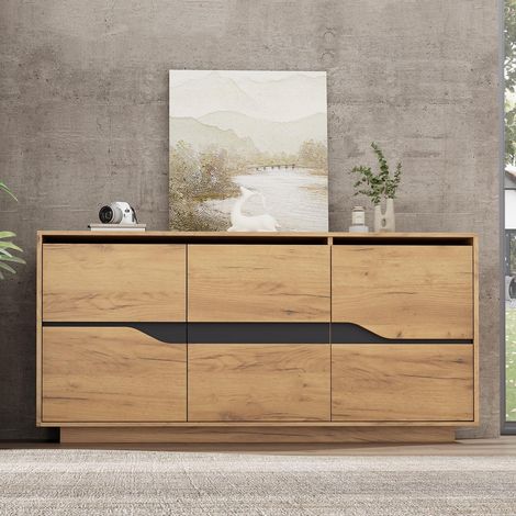 Madia bassa da soggiorno 140 x 40 x 70 cm, credenza contenitore a 3 ante per sala da pranzo, con ripiani regolabili, Rovere e Nero (1/5)