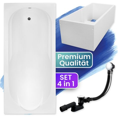 Badewanne Rechteck 190x80 mit Wannenträger, Ablaufgarnitur & Füßen GRATIS - Komplettset 4in1 Original Acryl Wanne Siphon - BADLAND BONA (1/5)