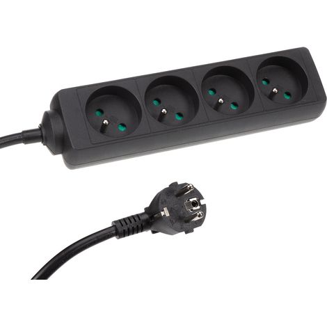 Perel Steckdosenleiste, 4 Typ-E-Steckdosen mit Kindersicherung, 5 m H05VV-F 3G1.5 Kabel, 3680 W, kompakte Verlängerung für Innenräume, schwarz, IP20, 16 A, 230 V