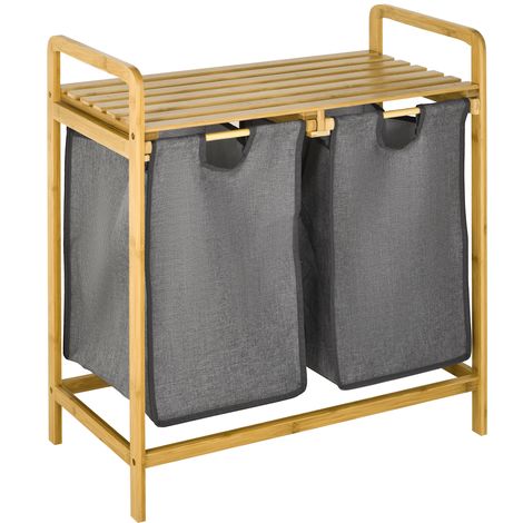 Beyamis Wäschekorb aus Bambus mit Ablage und herausziehbaren Taschen für Schlafzimmer, Badezimmer und Waschküche, 64 x 33 x 73 cm, Grau