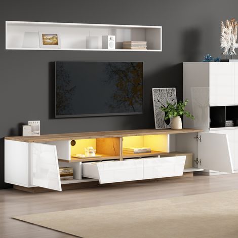 Mobile TV 180 x 40 x 46 cm con LED, 2 cassetti, 2 ante, bianco e legno OKMYHOME (1/5)