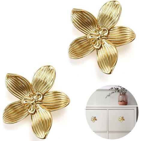 Boutons d'Armoire et de Commode - 2 Pièces à Fleurs Dorées - Poignées Vintage pour Meubles, Tiroirs, Chambre à Coucher et Salle de Bain