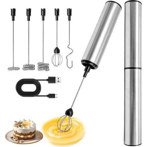 Mousseur à Lait Électrique Rechargeable USB, Mini portable Fouet Électrique Sans Fil avec 5 Embouts en Acier Inoxydable, 2 Vitesses, Mixeur Café pour Café Cappuccino Latte Matcha Crème Cuisine (1/5)