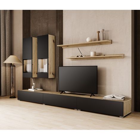 Set di mobili da soggiorno RAMOS – Rovere e nero super opaco – LED multicolori integrati