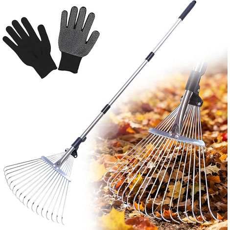 Râteau A Feuilles Réglable avec Manche De 207CM,18 Dents Râteau A Feuilles De Jardin avec Gants,Râteau A Feuilles en Métal,Râteau De Jardin en Métal pour Pelouse,Cour,Arbuste (1/5)