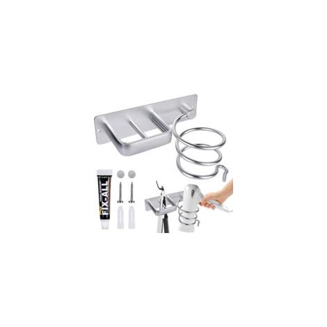 Support pour sèche-cheveux, support mural en aluminium, fixation murale sans perçage, idéal pour les hôtels, salles de bain, salons et salons de coiffure. Couleur : argent. (1/5)