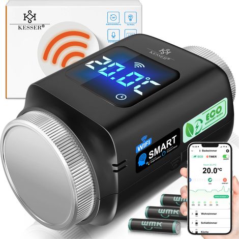 KESSER® Thermostat de radiateur WiFi - pour 1 radiateur, carré, noir