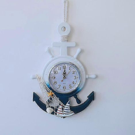 Blauer und weißer Steuermann-Anker im mediterranen Stil, personalisierte kreative Wanduhr, elektronische Uhr, dekorative Uhr, nautische Uhr, nautisches Strandthema (1/3)