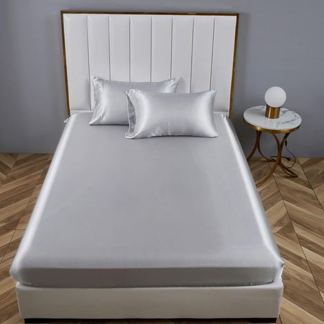 Drap Housse 180x200cm Gris Satin Bonnet 30 cm Microfibre Motif Parure Drap de lit Soie Drap-Housse 180 x 200cm Uni Lisse Respirant pour Matelas Épais,Grand Bonnet 180 200 (1/5)