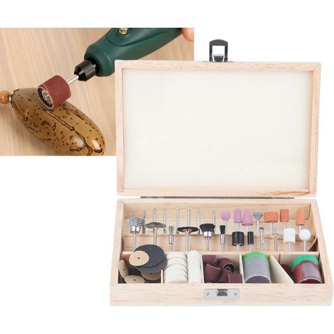 Coffret de 100 outils de meulage, polissage et ponçage dans une boîte en bois (1/5)
