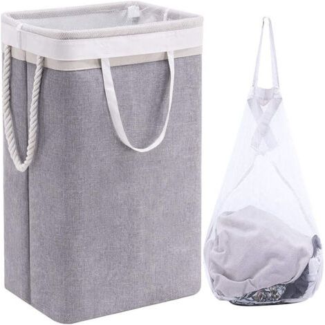 Grand Panier à Linge 60 x 41 x 31 cm , Sac à Linge Pliable avec Poignées en Corde Poubelle de Rangement Adaptée à la Chambre à Coucher la Buanderie Salle de Bain Beige+Gris (1/4)