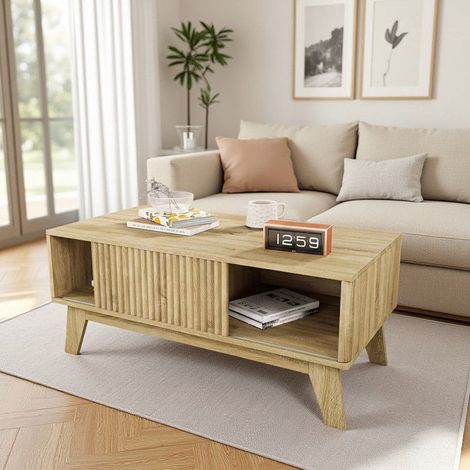 Tavolino - Scandinavo 95×48×42 cm - Porta scorrevole a listelli - MDF legno chiaro - Ripostiglio compartimentato (1/5)