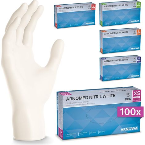 100x Gants en nitrile taille XS Blanc, Gants à usage unique pour chirurgie & laboratoire, Gants en nitrile sans poudre et sans latex, Moufles en nitrile en XS, S, M, L, XL, XXL (1/5)