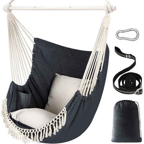 Hanging Hammock Chair Swing 500 Lbs 2 Cushions Included Metal Spreader Bar with Non-Slip Grooves Portable Side Pocket Large Bohemian Chair (1/5)