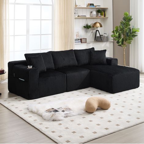 Canapé modulable avec méridienne et 2 places, en velours côtelé, noir DESVIAE (1/5)