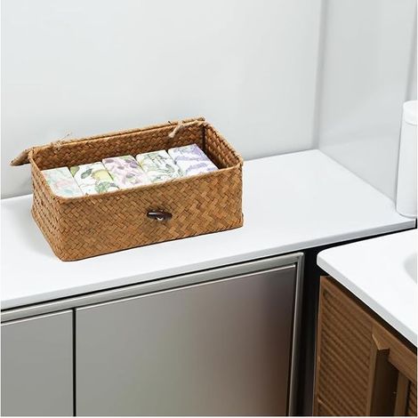 Cesto portaoggetti con coperchio, intrecciato, colore naturale, scatola con chiusure Tommoy01 (1/5)