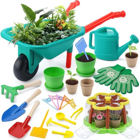 Ensemble de Jardinage Enfants, Kit de Culture de Plantes avec brouette, 3 Outils de Jardin en métal, Serre Enfants avec système d'irrigation amélioré, Jouets d'intérieur et d'extérieur (1/5)