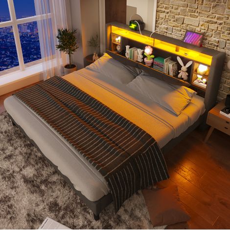 Lit double en bois massif gris 160x200 cm avec tête de lit de rangement, USB, prises et LED (1/5)