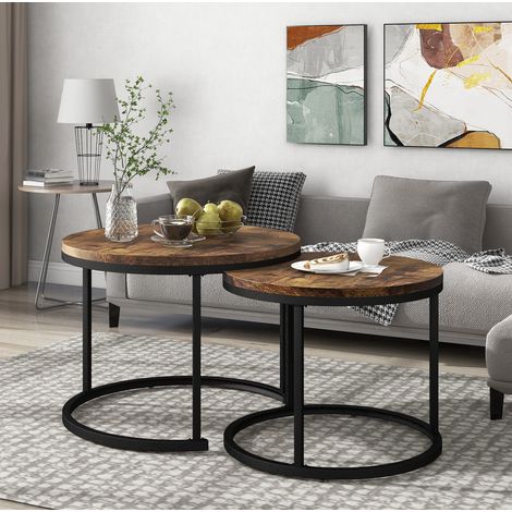Tavolo set 2 tavolini impilabili MDF marrone OKMYHOME (1/5)