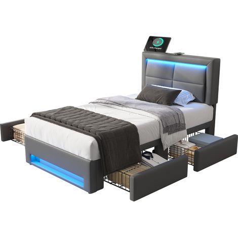 Lit Adulte 90x190 cm en PU, Lit Simple avec 4 Tiroirs, LED 12 Couleurs et USB, sans Matelas, Gris (1/5)