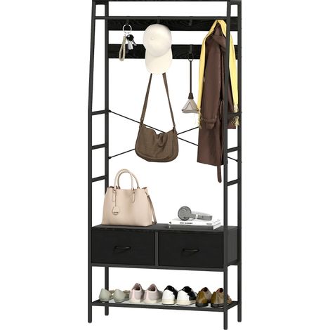 Perchero de pie negro con zapatero, 2 cajones de tela, 8 ganchos y estante, 80 x 30 x 180,5 cm (1/5)