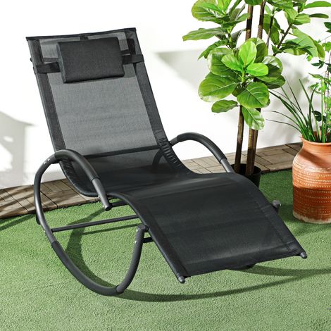Fauteuil à bascule, chaise de jardin, chaise longue, avec appui-tête, 155 cm x 61 cm x 88 cm, noir (1/5)