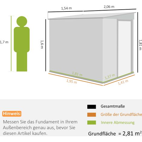 Metall Gerätehaus 2,81m² 154x206,5x181 cm Geräteschuppen mit Pultdach Fundament (1/5)