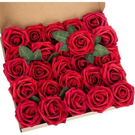 25 têtes de roses artificielles avec tige pour bouquets de mariage à faire soi-mêmerouge (1/2)