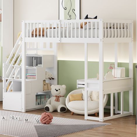 Lit mezzanine 90x200 cm avec escalier de rangement et bureau multifonction, en bois, blanc, sans matelas (1/5)