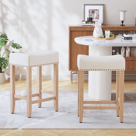 Ensemble de 2 tabourets de bar, tabourets de cuisine/îlot central, hauteur comptoir, 65,5 cm, assise en lin PU avec repose-pieds, beige. Idéal pour la cuisine, la salle à manger ou le bar. (1/5)
