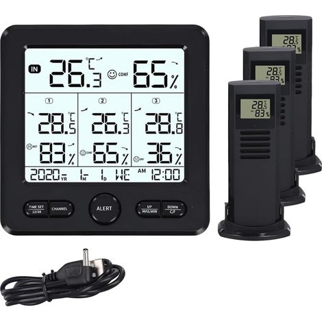 Thermometer and hygrometer without wire for indoor and outdoor with function radio of forecasts weather and large screen display transparent in color black (1/5)