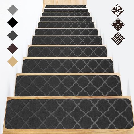 Tapis d'escalier antidérapant en feutre autocollant pour personnes âgées, enfants et chiens domestiques, Cube Noir 76 x 20 cm(15 pièces) (1/5)