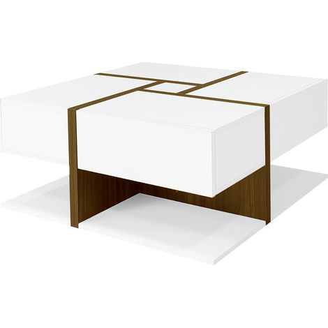 Quadratischer Couchtisch mit Hochglanz, 4 Schubladen, Weiß-Holzoptik, 78 x 78 x 34,8 cm (1/5)