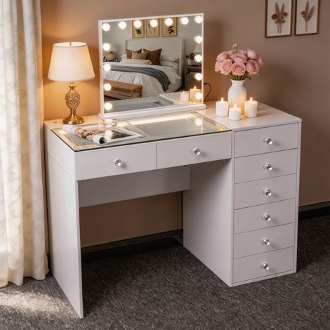 FENCHILIN Dressing table with LED lighting, adjustable brightness, 8 drawers, 120 x 81 x 55 cm, including a vanity mirror, white