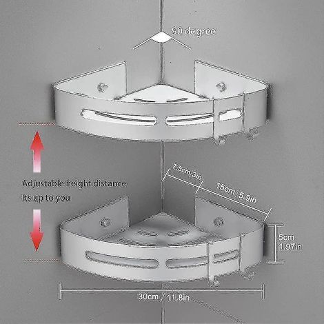 Étagère d'angle de salle de bain sans perçage avec crochets détachables, organisateur de douche adhésif en aluminium (angle). (1/5)
