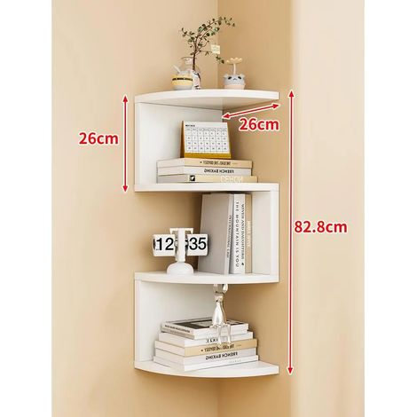 Étagère de rangement murale d'angle à 4 niveaux, blanche, rayon 26 cm [colle, clous sans joint et vis d'expansion inclus] (style minimaliste moderne). Dimensions : [dimensions manquantes]. (1/5)