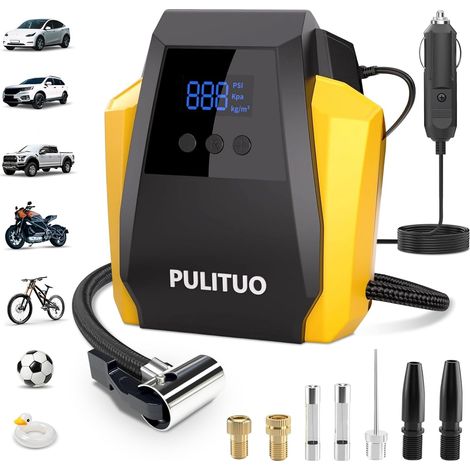 Gonfleur de Pneus 12V DC - Compresseur d'Air Portable 35L/min, 150 PSI / 10,3 Bar Pompe Voiture avec Arrêt Automatique, Manomètre Numérique et LED, Jaune (1/5)