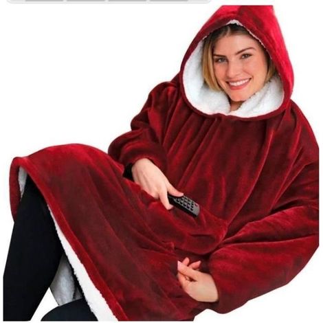 Wearable Robe Couvertures Polaire en Peluche à Manches Huggle Hoodie Plaid Chaud Sweat à Capuche Robe de Chambre Rouge Vineux (1/4)
