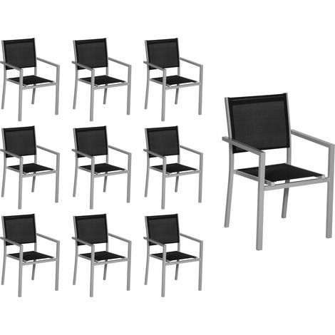 10er Set Stühle aus grauem Aluminium - schwarzes Textilene