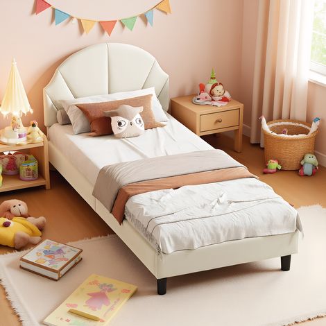Kinderbett Polsterbett 90x200 cm, mit höhenverstellbarem Muschelkopfteil, Modernen Einzelbett, Bettgestell mit Lattenrost, Velour Beige (Ohne Matratze)