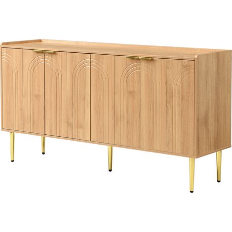 Buffet moderne en MDF naturel 140 x 38 x 75 cm avec 4 portes et piétement en fer doré (1/5)