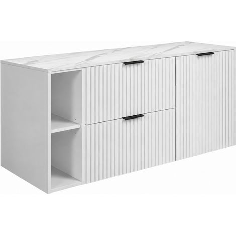 Set di mobili da bagno, 2 cassetti, 1 anta, chiusura ammortizzata, cesto portabiancheria, Bianco / piano Marmo, maniglie nere, 120 x 46 x 57 cm (1/5)