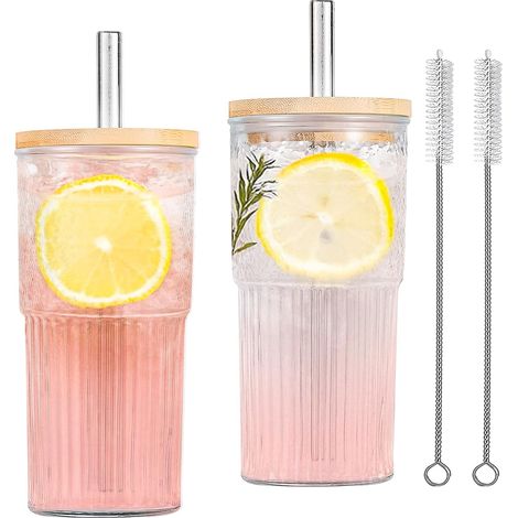 Lot de 2 Gobelets en verre, 650 ml, Couvercle bambou, Paille acier, Pour café glacé (1/5)