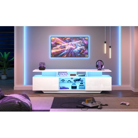 Armoire de télévision de 1604045 cm. Porteuse de téléviseur, avec 2 compartiments. Armoire de salon. Armoire de télévision en matériau brillant, équipé d’un éclairage LED. (1/5)