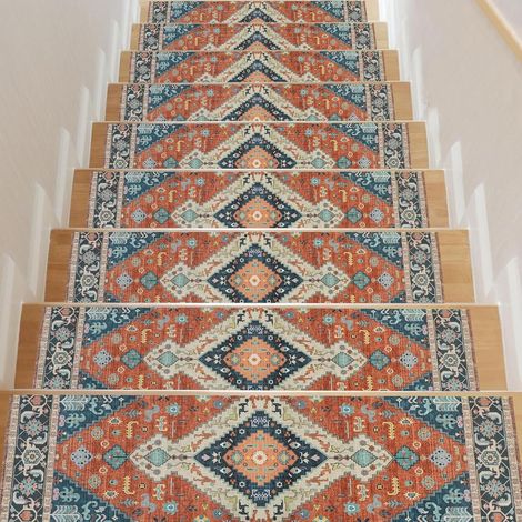 Lot de Tapis d'Escalier d'Intérieur 76 X 20 Cm - Protection AntidéRapante pour Marches en Bois - Dos en Caoutchouc - Tapis Autocollant pour Marches d'Escalier (Orange/Bleu) (1/5)