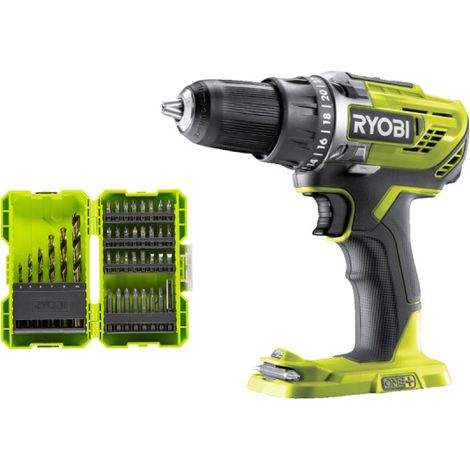 Pack RYOBI - Perceuse-visseuse R18DD3-0 - 18V One+ sans batterie ni chargeur - Coffret antichocs empilable 38 accessoires de perçage-vissage - porte embouts RAK38SDD