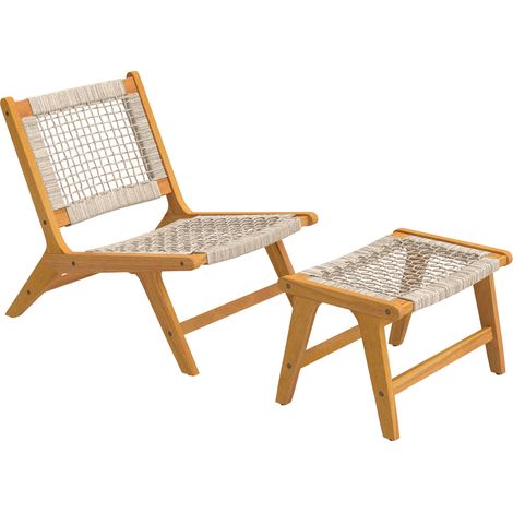 Fauteuil jardin 2 pièces repose-pieds – Bois acacia FSC – Assise rotin, pieds réglables – Bohème
